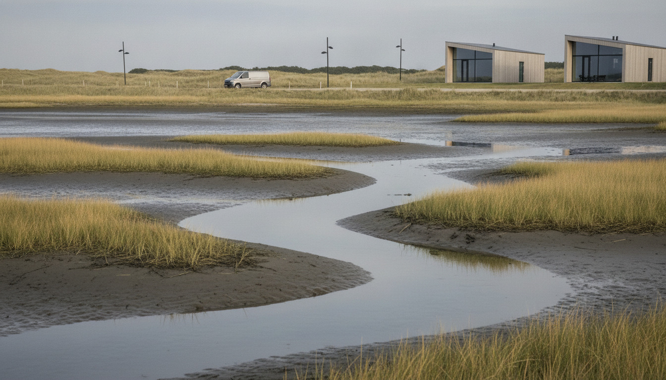 Tætsluttet optagelse af tidevandssletter med lavt vand, sandkløfter og strandgræs under nordisk lys.