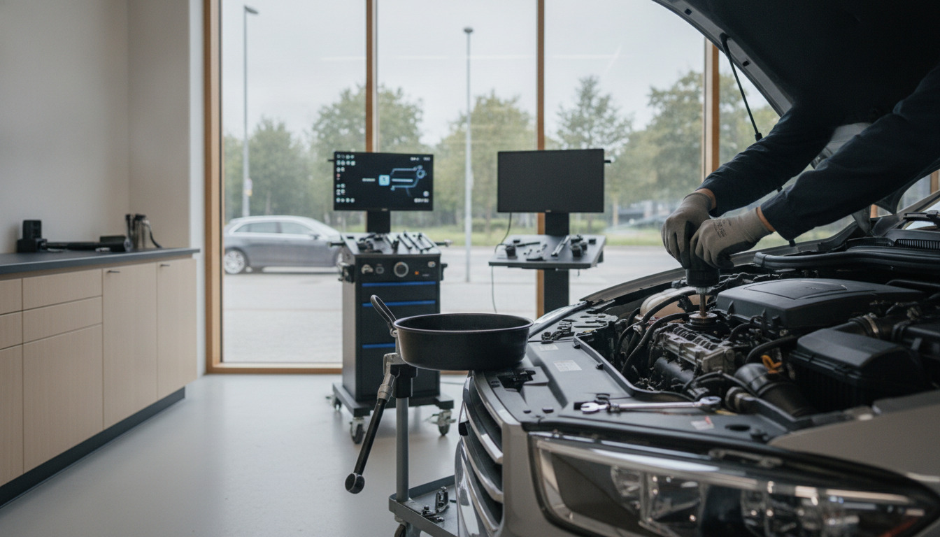 Mekaniker i sorte handsker udfører motorservice på en bilmotor med moderne diagnosticering.
