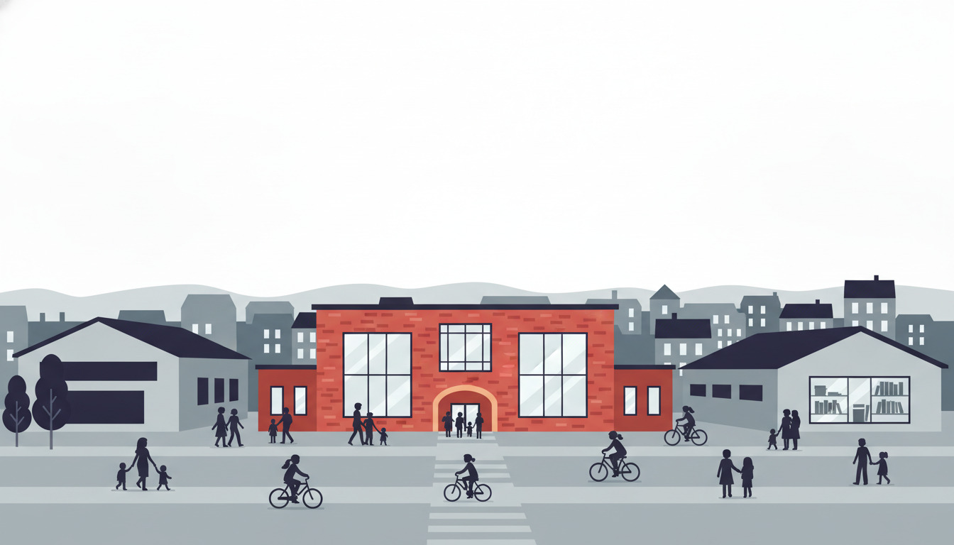 En moderne skole med rødt murværk, store vinduer og gylden indgang omkranset af grå bygninger. Børn og unge ankommer på cykel og til fods foran skolens hovedfacade.