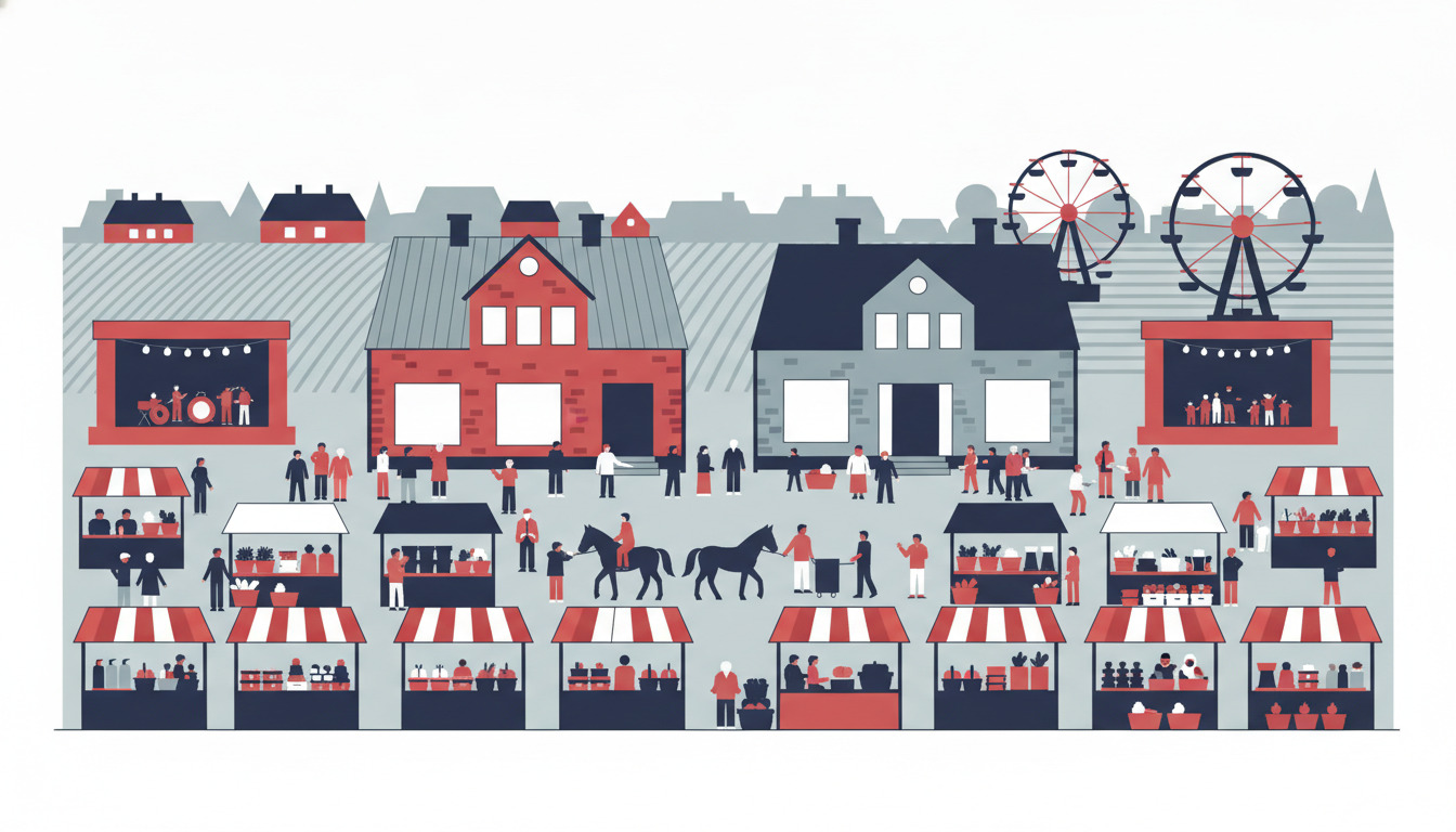 En livlig illustration af et markedstorv med rødt og hvidt stribede handelsstande med mennesker, heste, underholdningsscener med røde markiser, rutsjebaner og festlige forlystelser i baggrunden under åben himmel.