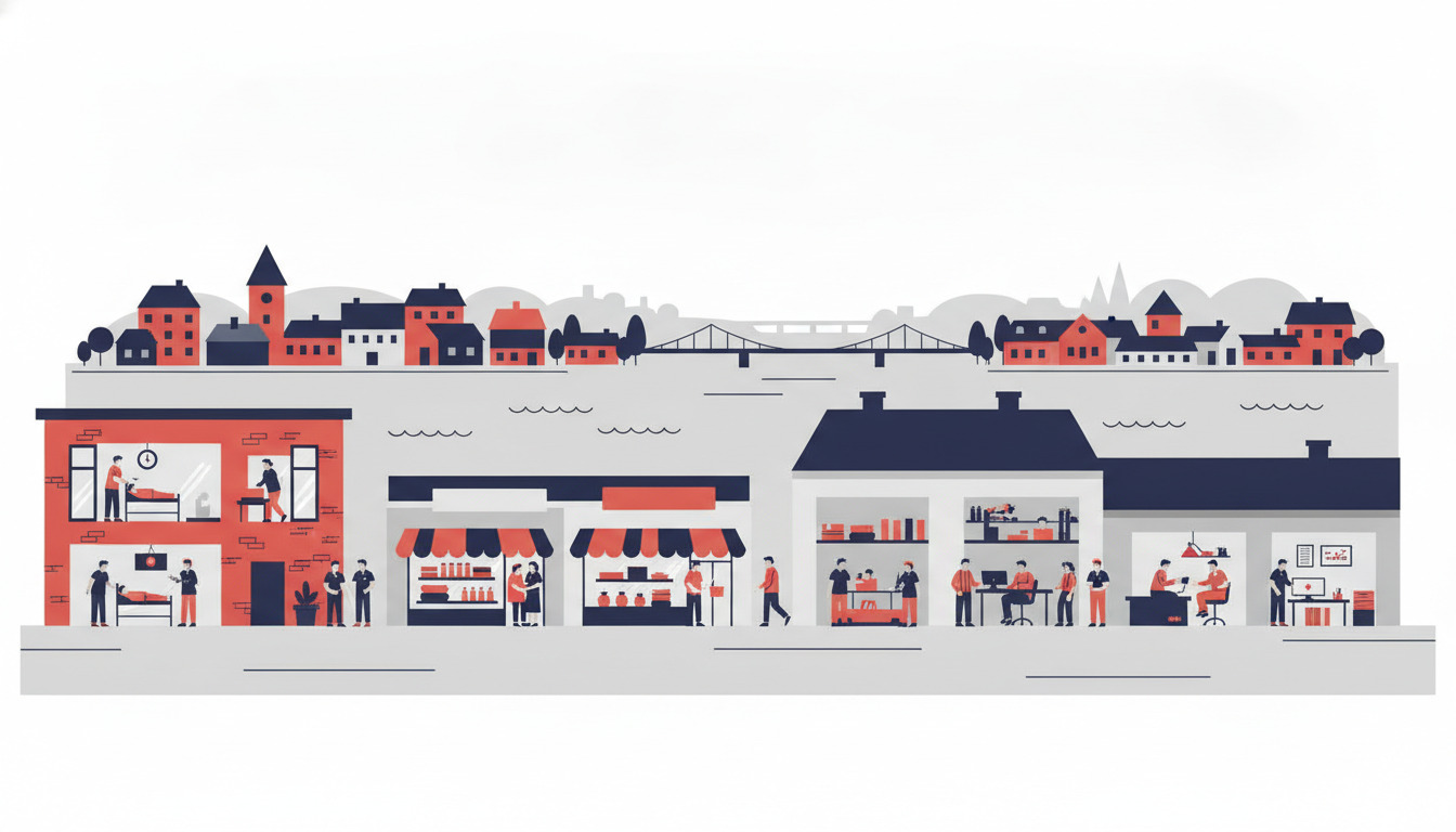 Flad vektorillustration af Middelfarts mangfoldige arbejdspladser: sundhedsklinik, detailbutikker og kontorrum med fagfolk, der samarbejder, indrammet af skandinavisk arkitektur og havnebaggrund.