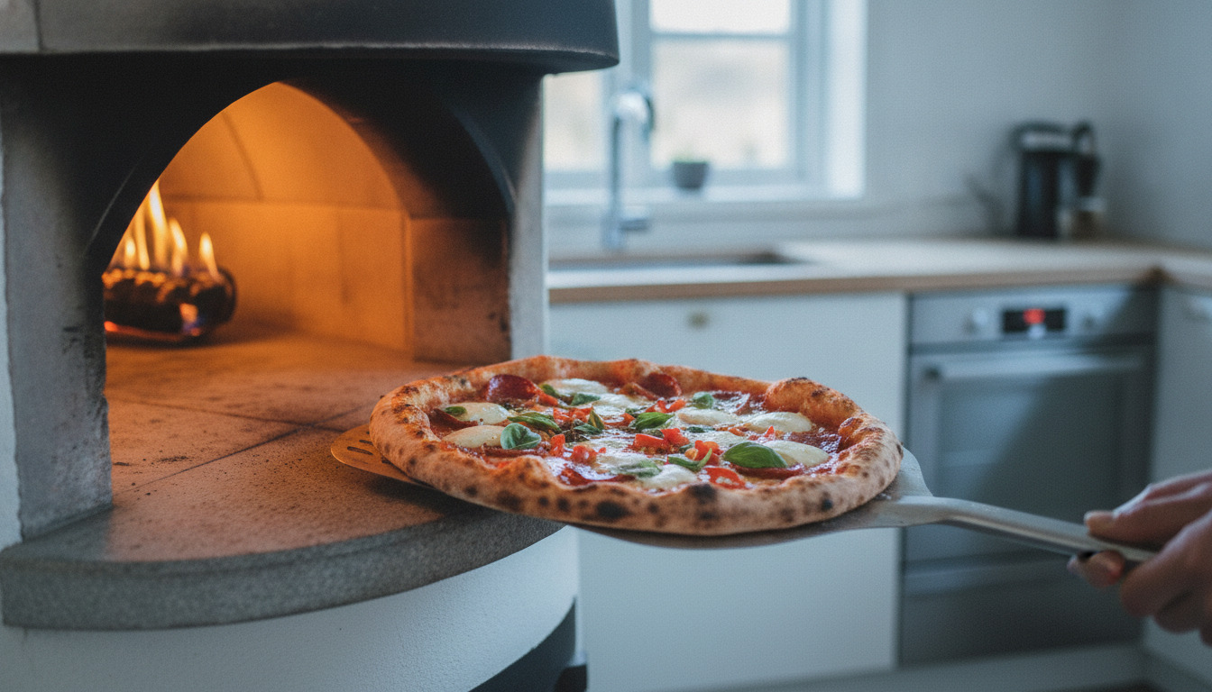 Friskbagt pizzaen kommer ud af træovnen med smeltet ost og grøntsager, varm gylden glød fra flammen.