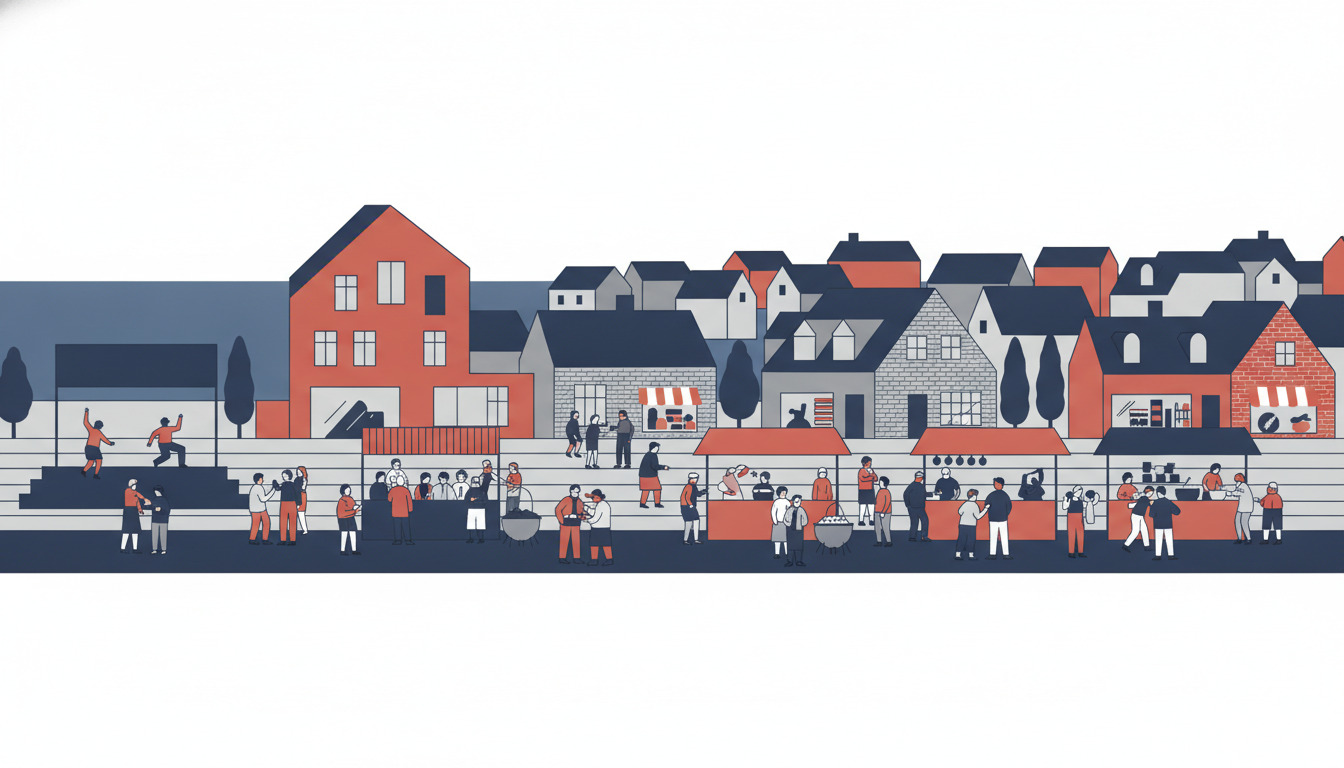 Livlig havnefestival-scene i Hornbæk med besøgende samlet omkring farvefulde markedsstande og sælgere langs kajen, traditionelle skandinaviske kysthuse og et moderne kunsthus i baggrunden.