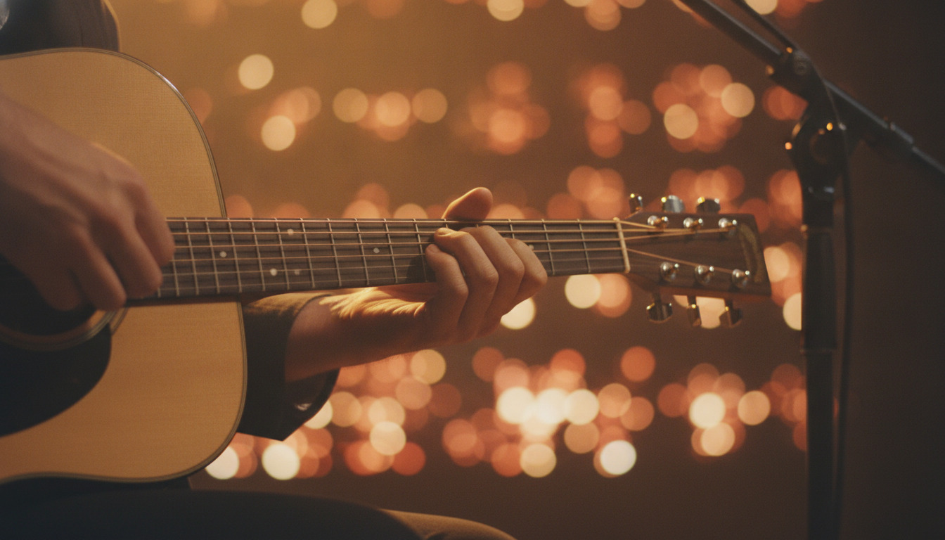 Musiker spiller akustisk guitar med fingre på griffebræt, varmt scenelys og slørede koncertlys i baggrund.