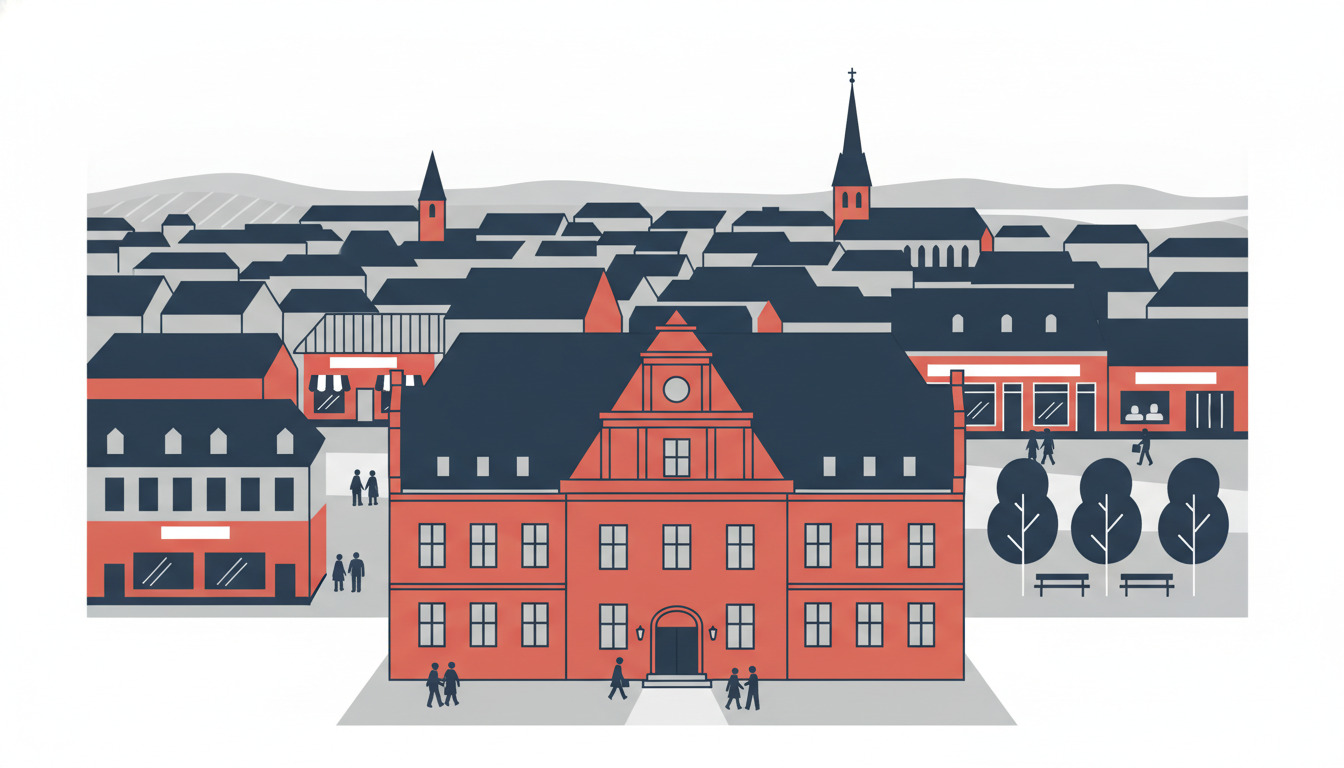 Fladtvektor-illustration af Haderslev rådhus – en fremtrædende rødbygning med gavltag og klokketårn, placeret centralt på rådhuspladsen med borgere, der nærmer sig. Historiske borgerhuse og kirkespir forsvinder i baggrunden under bakkede højder.