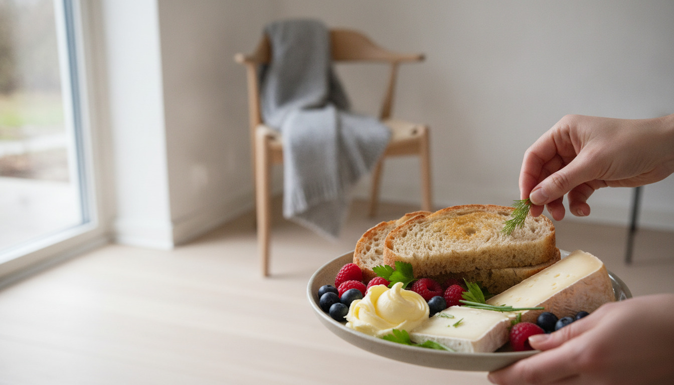 Tæt billede af et nordisk brunchfad med rugbrød, ost, bær og urter. Hænder arrangerer maden i morgenljus fra vindue.