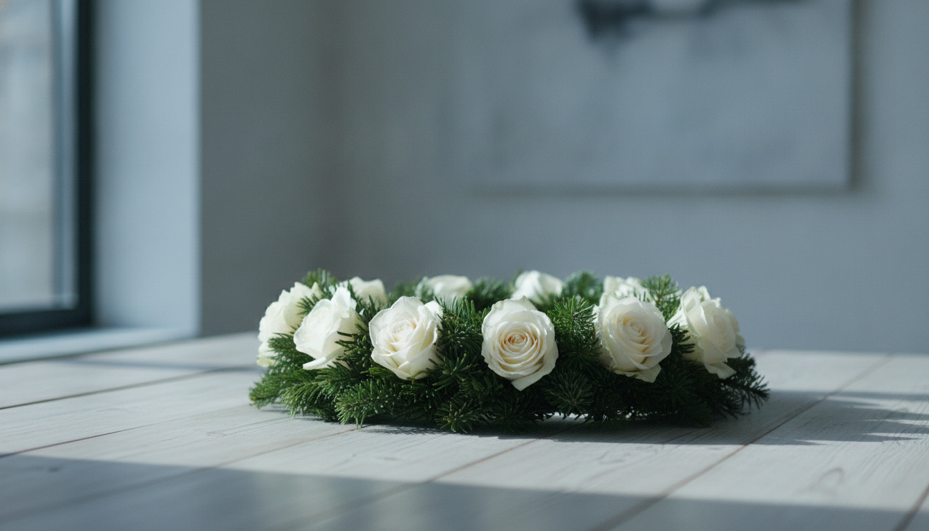 Lukket billede af blomsterkrans med hvide roser og grønne kviste på træflade i nordisk lys.