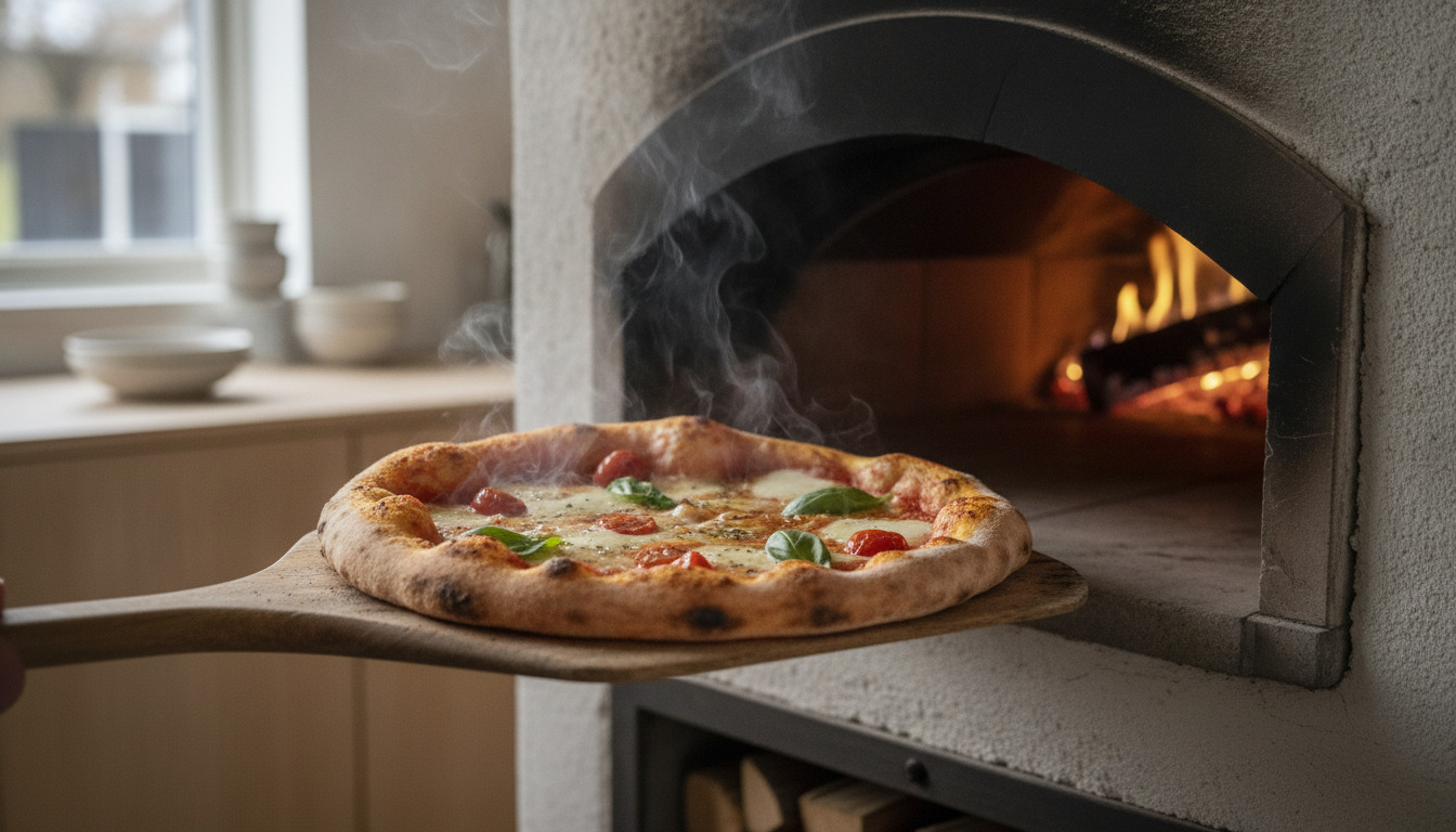 Nybagt pizza med smeltende ost og grøntsager på træpind foran åben ovn med damprising.