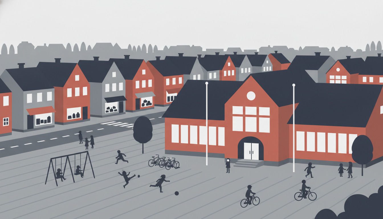 Flad vektorillustration af en skandinavisk folkeskole med rødt mursten gavlfacade, store vinduer og indbydende indgang, omgivet af en aktiv skolegård med børn, der leger, cykler og gynger. Boligbygninger og træer synlige i baggrunden.