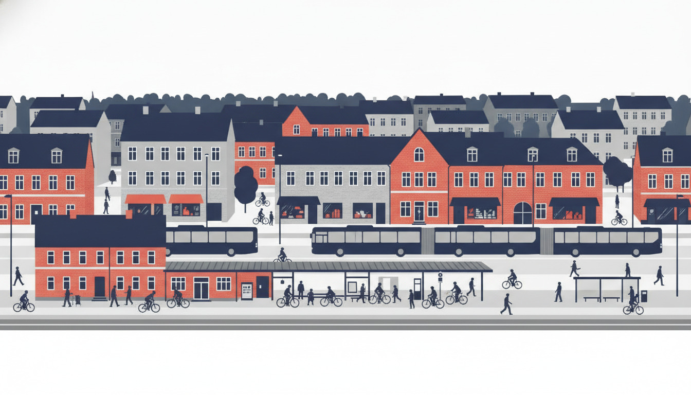 Albertslunds bymidte med central stationsbygning, perron under tag, cyklister på cykelstier, fodgængere og busstoppe omgivet af beboelseshuse.