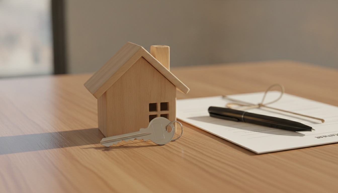 Træ-miniaturehus med nøgle på træbord ved dokumenter og pen i naturligt lys.