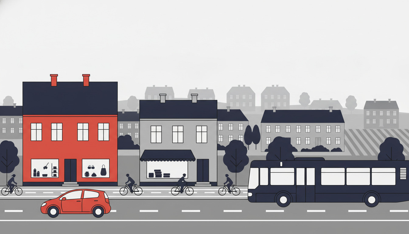Solbjerg bystreet med biler, bus og cyklister på vej med cykelsti, omgivet af beboelsesbygninger og træer i fladt vektorstil.