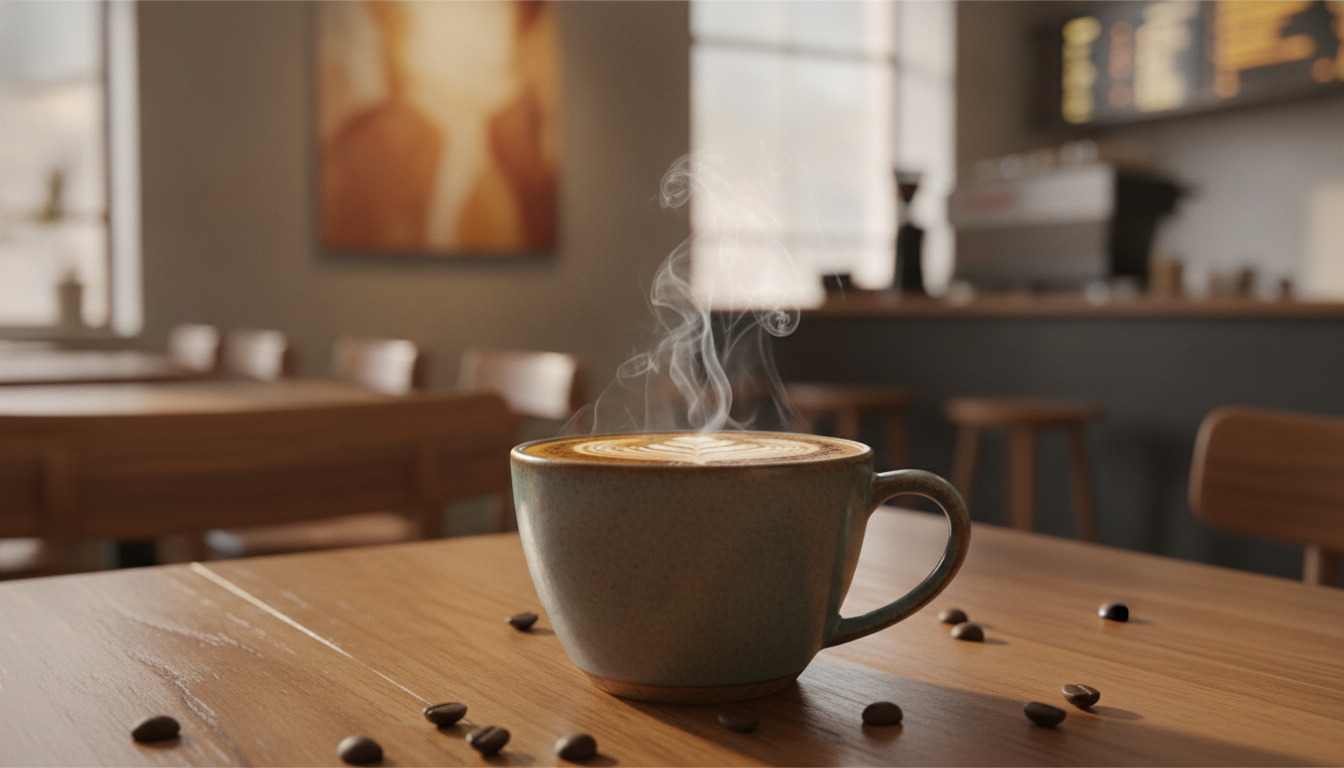 Tæt billede af kaffekop med latte art på træbord, damp stiger op, kaffe­bønner spredt omkring.