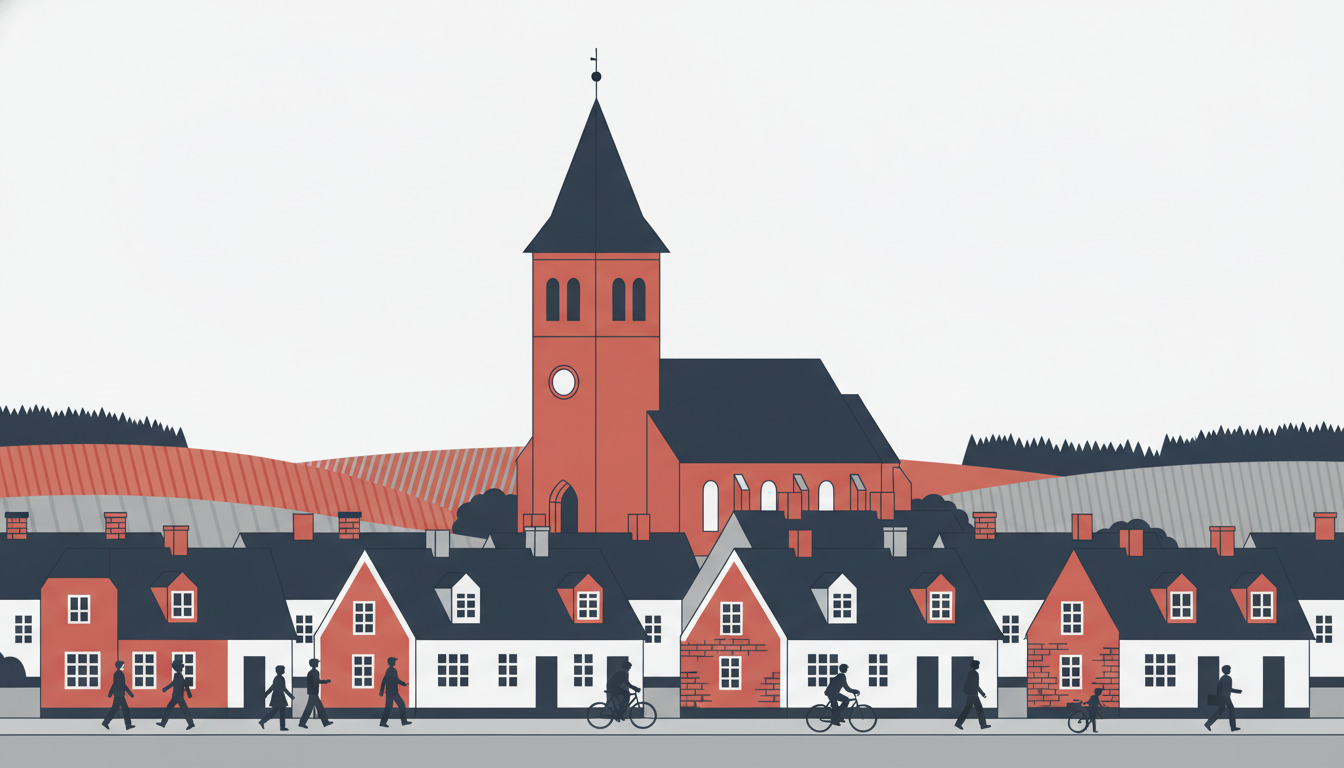 Fladt vektorillustreret billede af byen Galten med Stjær Kirke, der har det karakteristiske røde murstensbyggeri med ottekantet tårn og mørkt pyramideformet spir i midten, omgivet af boligbygninger med røde og hvide facader, cyklister og fodgængere i forgrunden, og skovklædt landdistrikt ved horisonten.