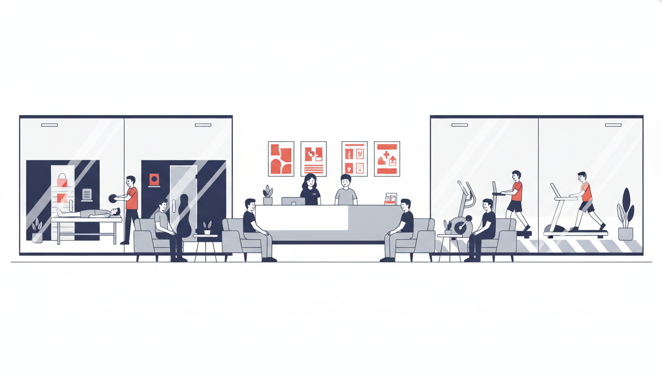 Fladt vektorillustration af en moderne sundhedsklinik interiør med receptionist, venteområde med stole, samt fitness- og velnessfaciliteter synlige gennem glaspartitioner.