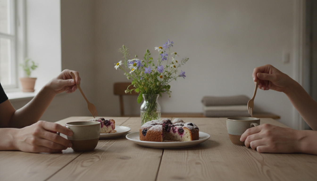 Tæt på detaljer af kaffebord med hjemmebagt kage, kopper og blomster i vase. Hænder når efter spisepinde i varmt dagslys.
