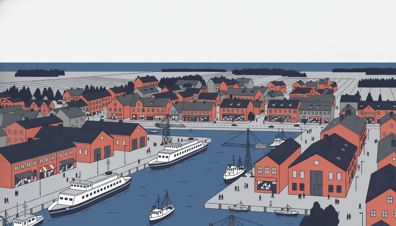 Flad vektorillustration af Frederikshavns kystby med havn: færger og fiskekutere ligger til kaj ved den travle waterfront, lagerbygginger ligger langs kajerne, bolig- og erhvervsstrukturer med karakteristiske orange-røde og grå tage strækker sig indlandet, marker og mørke skove synlige længere væk, Kattegat-havet på horisonten.