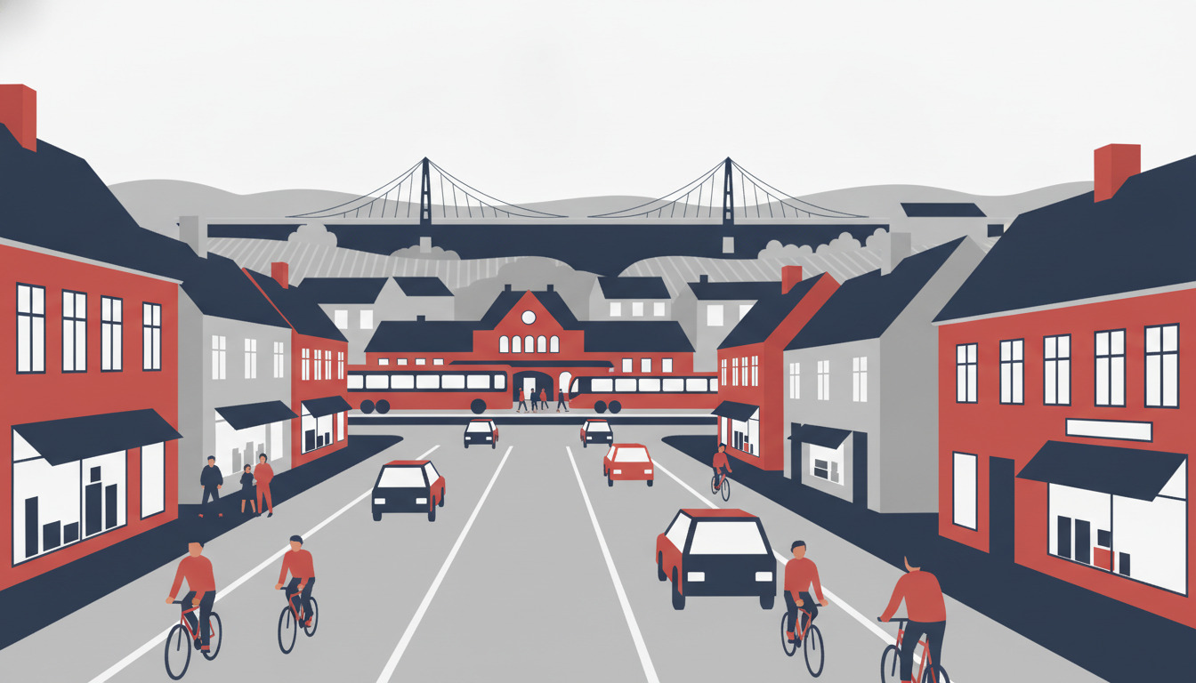 Middelfart-gatescene med biler, cykelister på cykelsti, rødt stationsbygning, bus og Lillebælts Bro der spænder ud over horisonten i stiliseret flad-vektor-illustration.