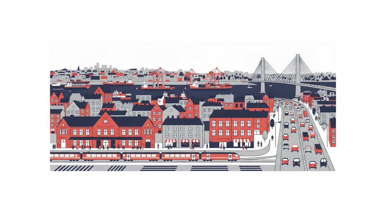Flad vektorillustration af Fredericia transportknudepunkt: rødt-mursten bybillede med jernbanestation og tog, købt-spændt bro, havn med kraner og fragtskibe, motorvej med trafik, der konvergerer i en stiliseret kystkyscene.