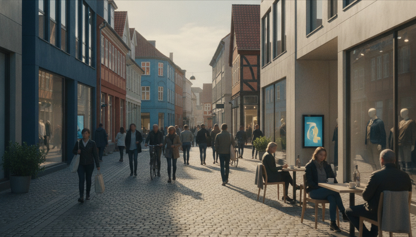 Gadeliv i dansk by med moderne og tradionelle bygninger, gang og caféer i sollys.