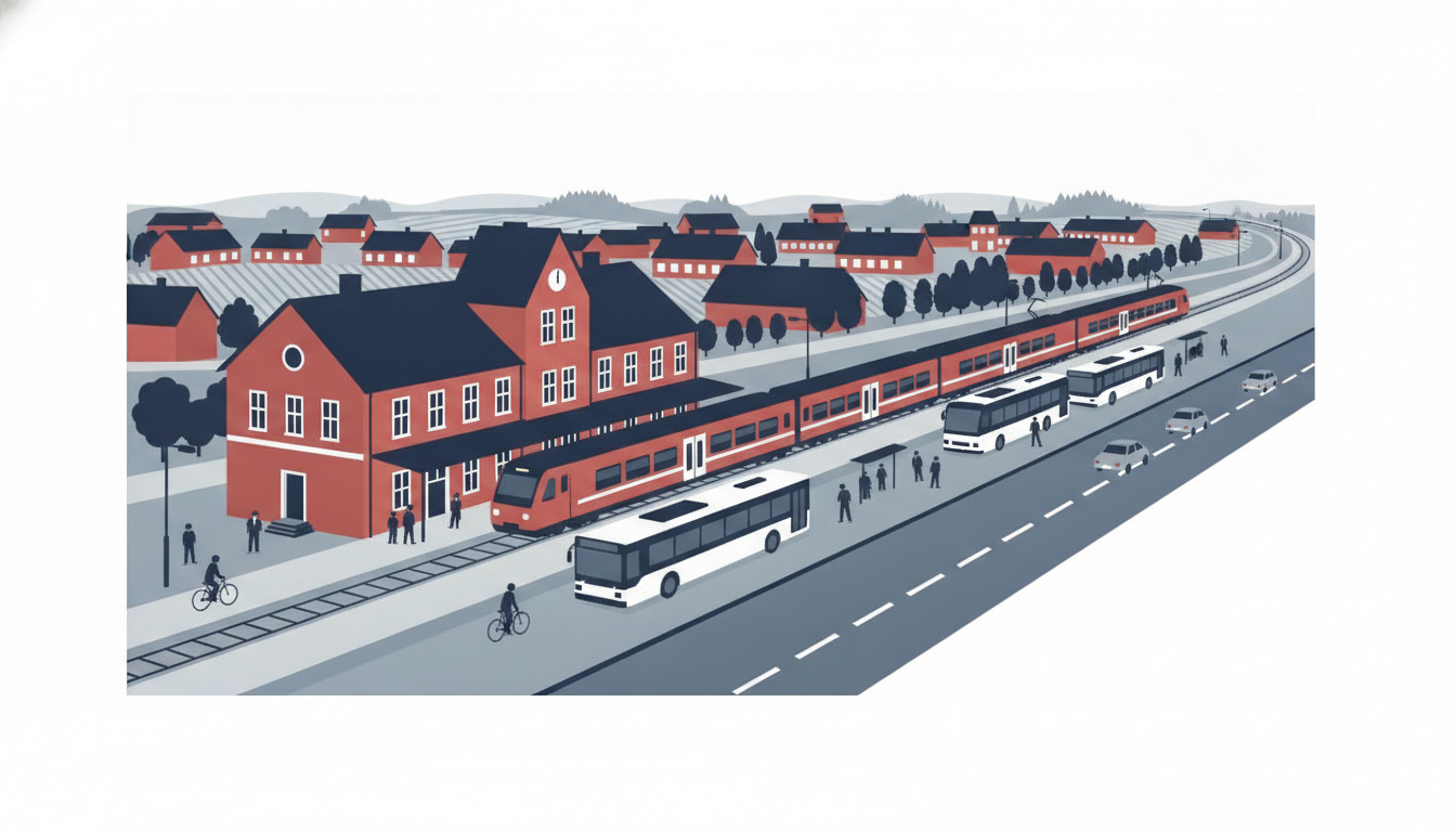 Dianalund station: rødt murstensbyggeri med klokkertårn, regionaltog ved perongen, busser ved terminalen, cyklister, fodgængere og parkerede biler i en stiliseret fladvektor dansk by-scene.