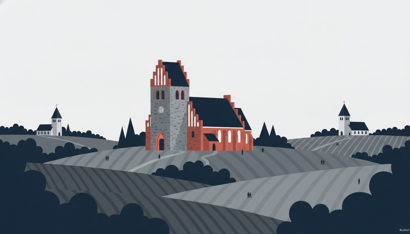 Fladt vektorillustration af tre historiske stenkirkeri Give's kuperede landskab: Give Kirke dominerer centeret med trappeformede gavle, stennavn og tårn; Farre Kirke og Vorslunde Kirke flankerer siderne blandt træer og landbrugsjord.