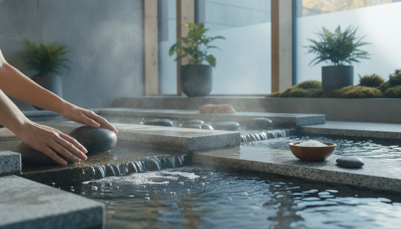 Nærbillede af en hånd, der berører vand og glatte stenene ved en spa-fontæne med drivende damp og minimalistisk nordisk indretning.