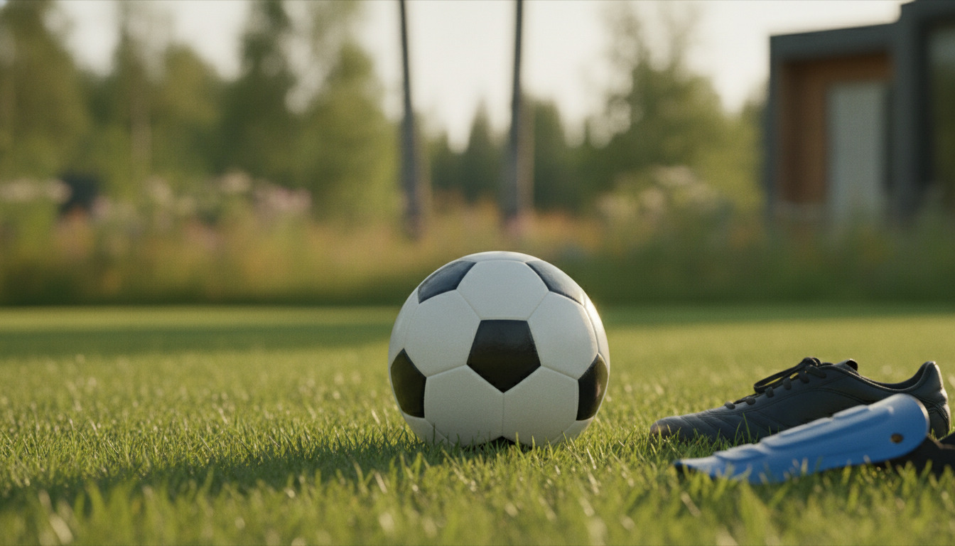 Fodbold og fodboldstøvler på kort græs i sommerligt lys.