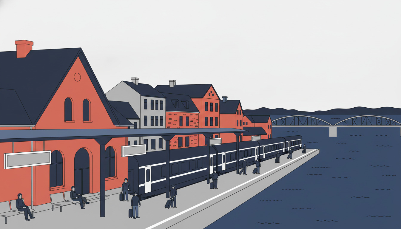 Fladvektor-illustration af Middelfart jernbanestation med DSB-tog ved perron, rødt mursten-stationsbygning, passagerer der stiger ombord, og Lillebælt-stræde med bro i baggrunden.