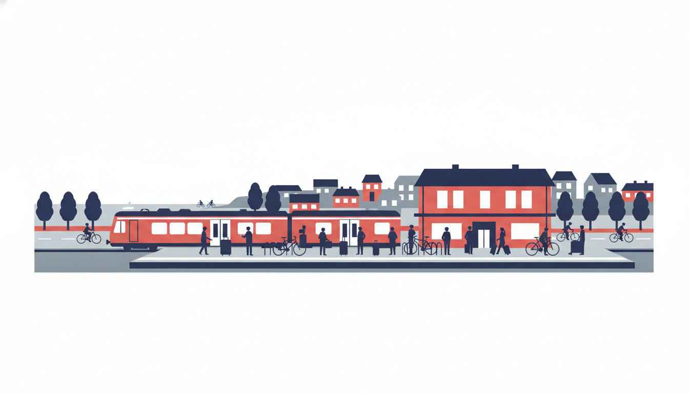 Ringkøbing togstation med perron, rød regionaltog, ventende passagerer, cykler og træbeplantede cykelsti der strækker sig mod fjorden i det flade danske landskab.