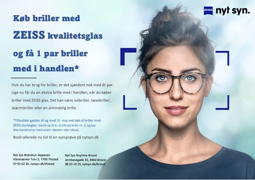 Nyt Syn Brøndum Jeppesen tilbyder 2 for 1 på briller med ZEISS glas