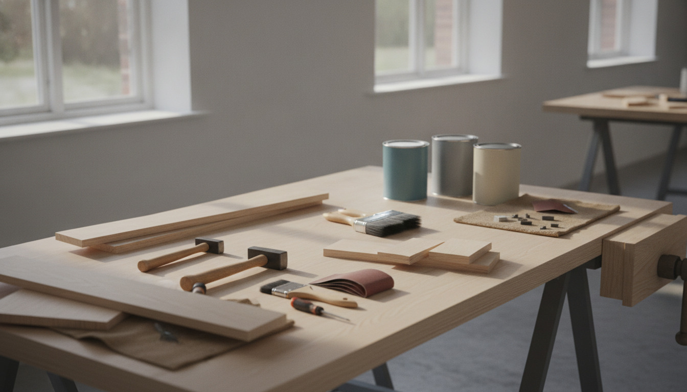 Arbejdsbænk med DIY-værktøjer, malerrruller, træ og maling ordnet på træbord.