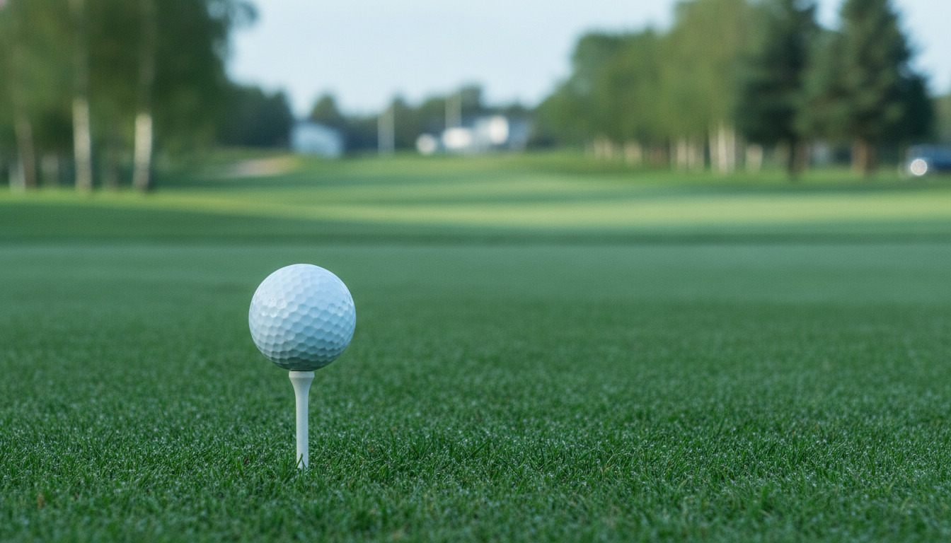 Golfbold på tee på grønt græs med sløret baggrund af træer og fairway i svagt morgenlys.