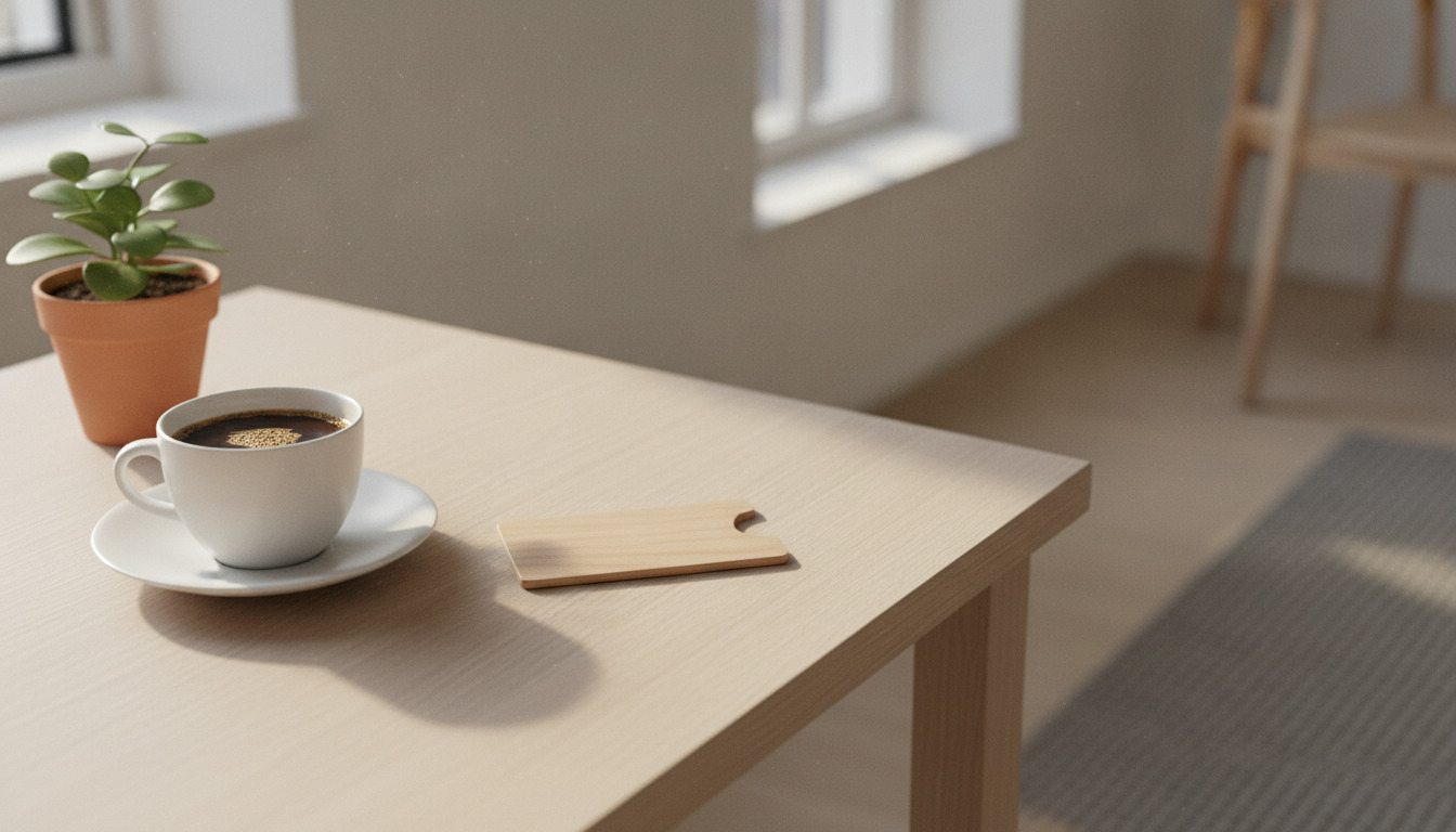 En tæt optagelse af en hvid kaffekop på et træbord med en lille pottet plante og nøgle.