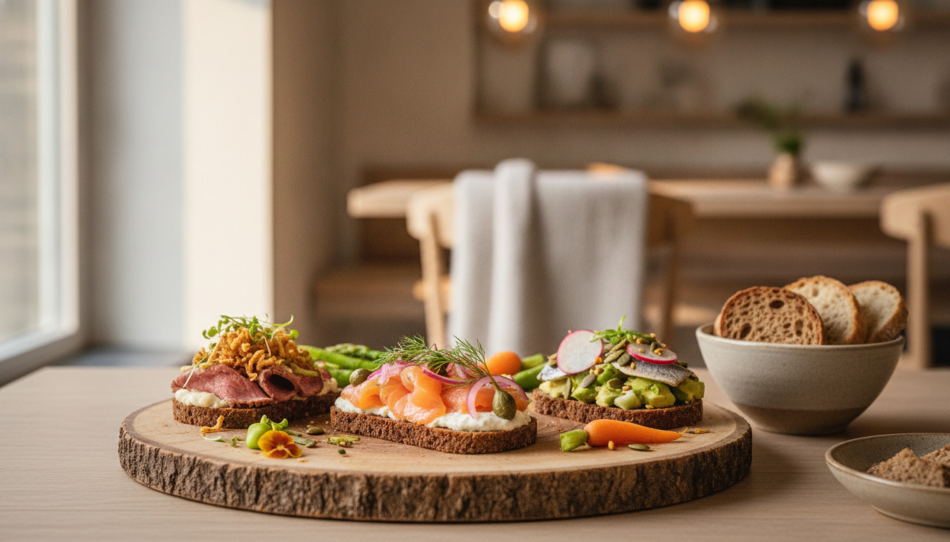 Tættekrop af tre smørrebrød på rustikt træfad med ferskfrø grøntsager, rugbrød og kunstneristisk servering i varmt lys.
