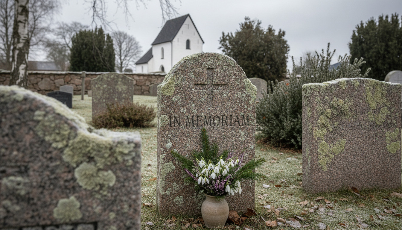 Tæt billede af mosedækket gravsten med frisk blomsterarrangement i krukke, stilfuldtudtryk for mindefuld respekt.