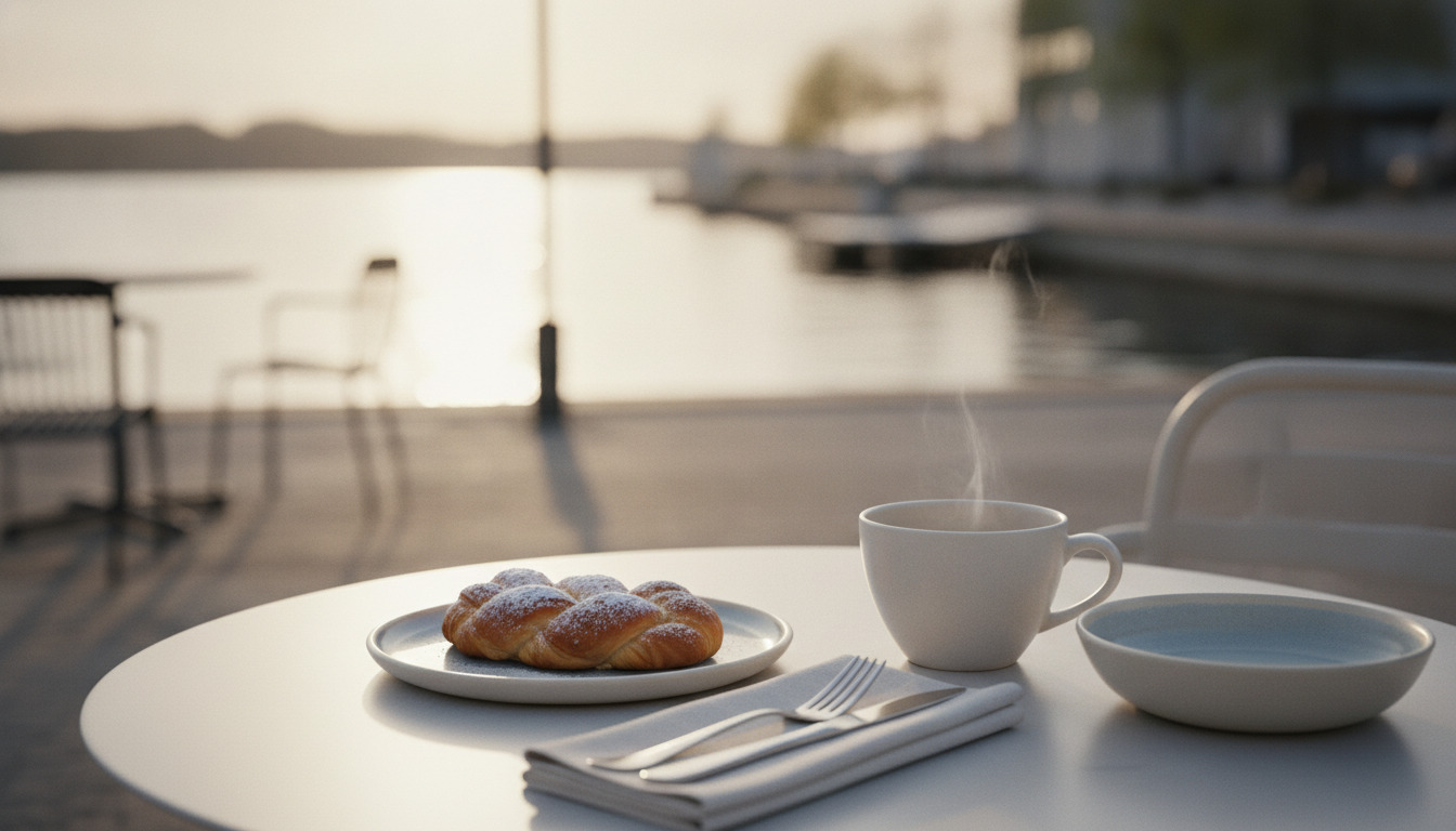Detalje af kahortskåret kaffekop, dansk rundstykke og hvid keramik på hvidt bord ved gylden solnedgang, uskarp vandkant i baggrund.