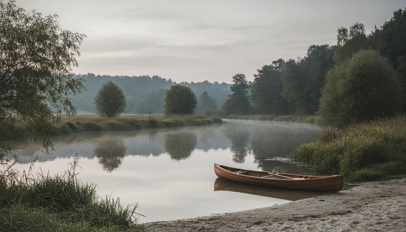 Træbåd på sandig bredde ved stille flodvand med pilekrat og dunster i morgenlys.