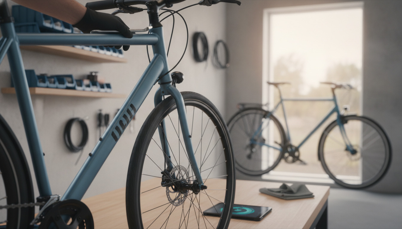 Nærbillede af en cykelmekaniker der justerer på en cykelkomponent med værktøj i en hel workshop.
