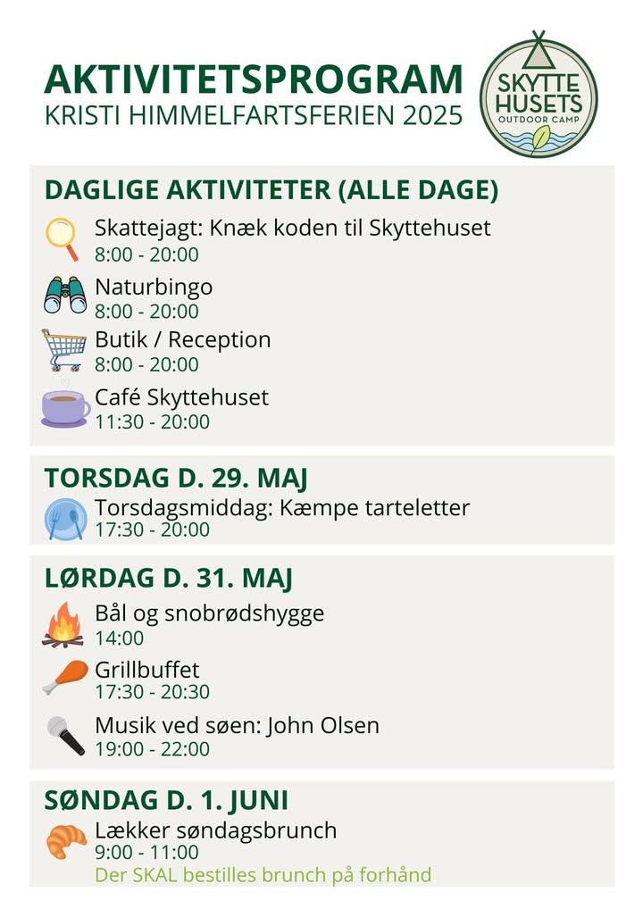 Skyttehusets Outdoor Camp byder velkommen til Kristi Himmelfartsferien 2025 med sjove aktiviteter og sidste-øjebliks tilbud