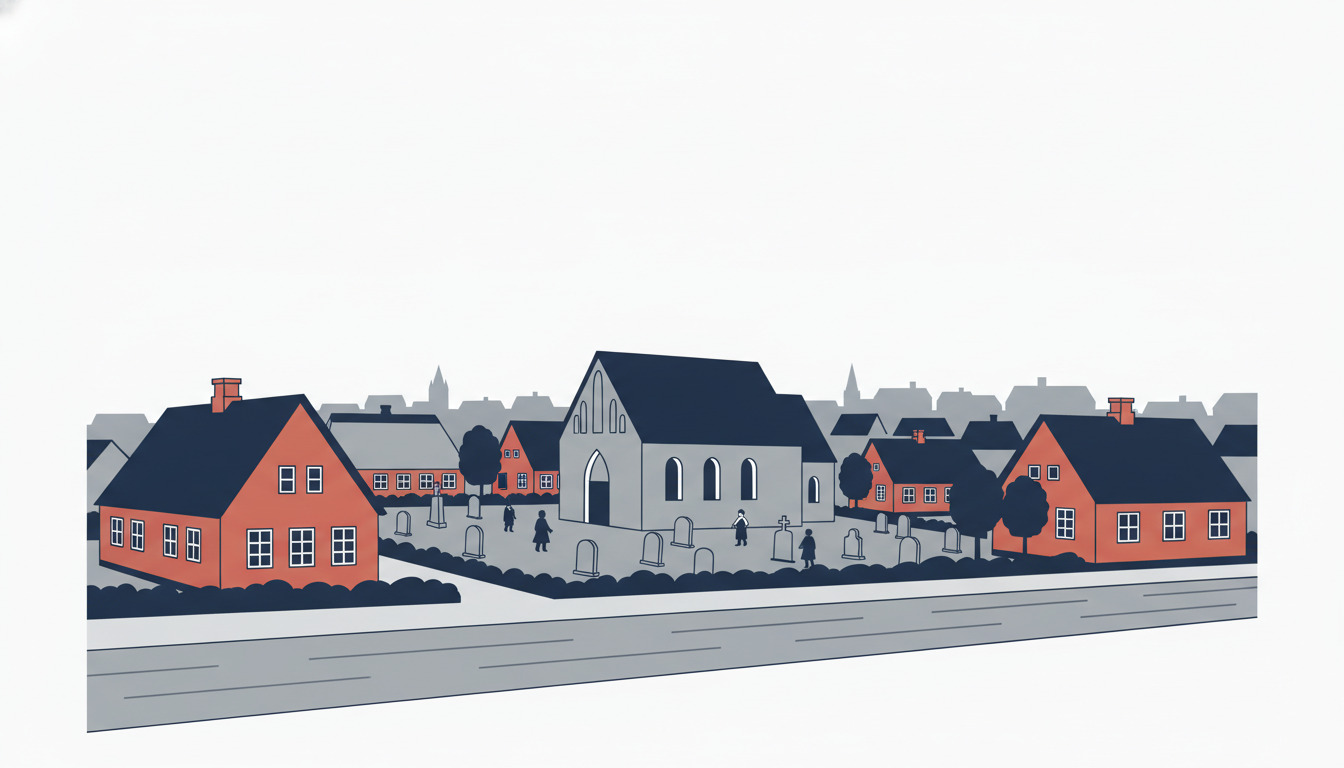 Fladt vektorgrafisk dansk bylandskab med generisk hallekirkebygning, røde murstenshuse, kirkegård og vej. Brevformat-komposition med stort tomt margen over himlen.