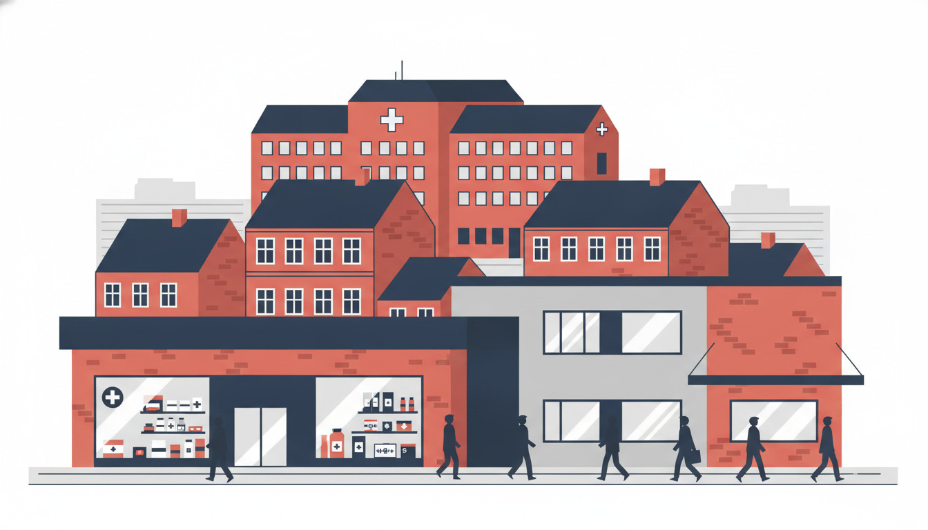Haderslev sundhedsvæsen: apotek med medicinudstilling, moderne lægeligt klinik og rødt murværk hospital med krydser, der stiger over byens taglinjer.