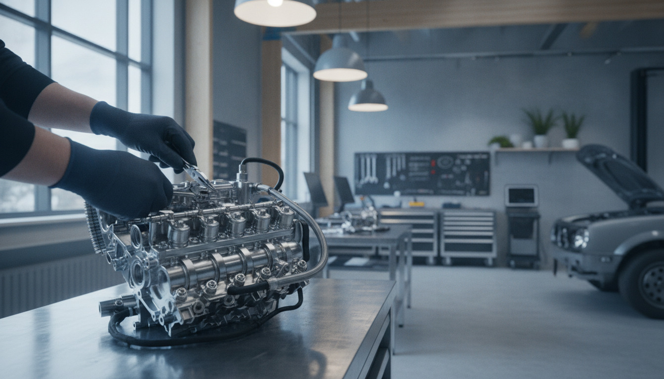 Mekanik med sorte handsker arbejder på motordel på arbejdsbænk i moderne værksted.