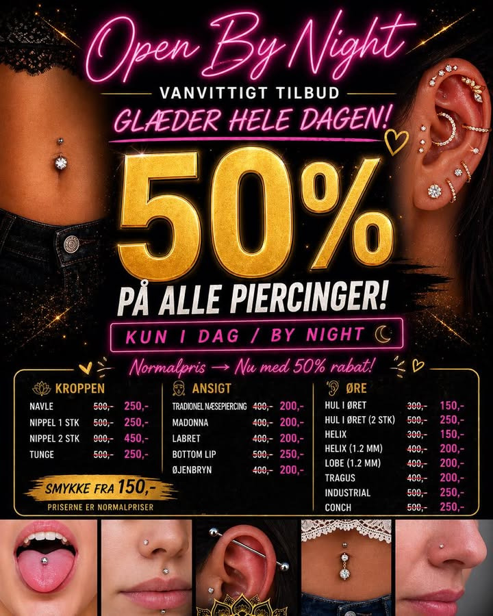 Mr. & Mrs. Tattoo tilbyder 50% rabat på piercinger ved open by night