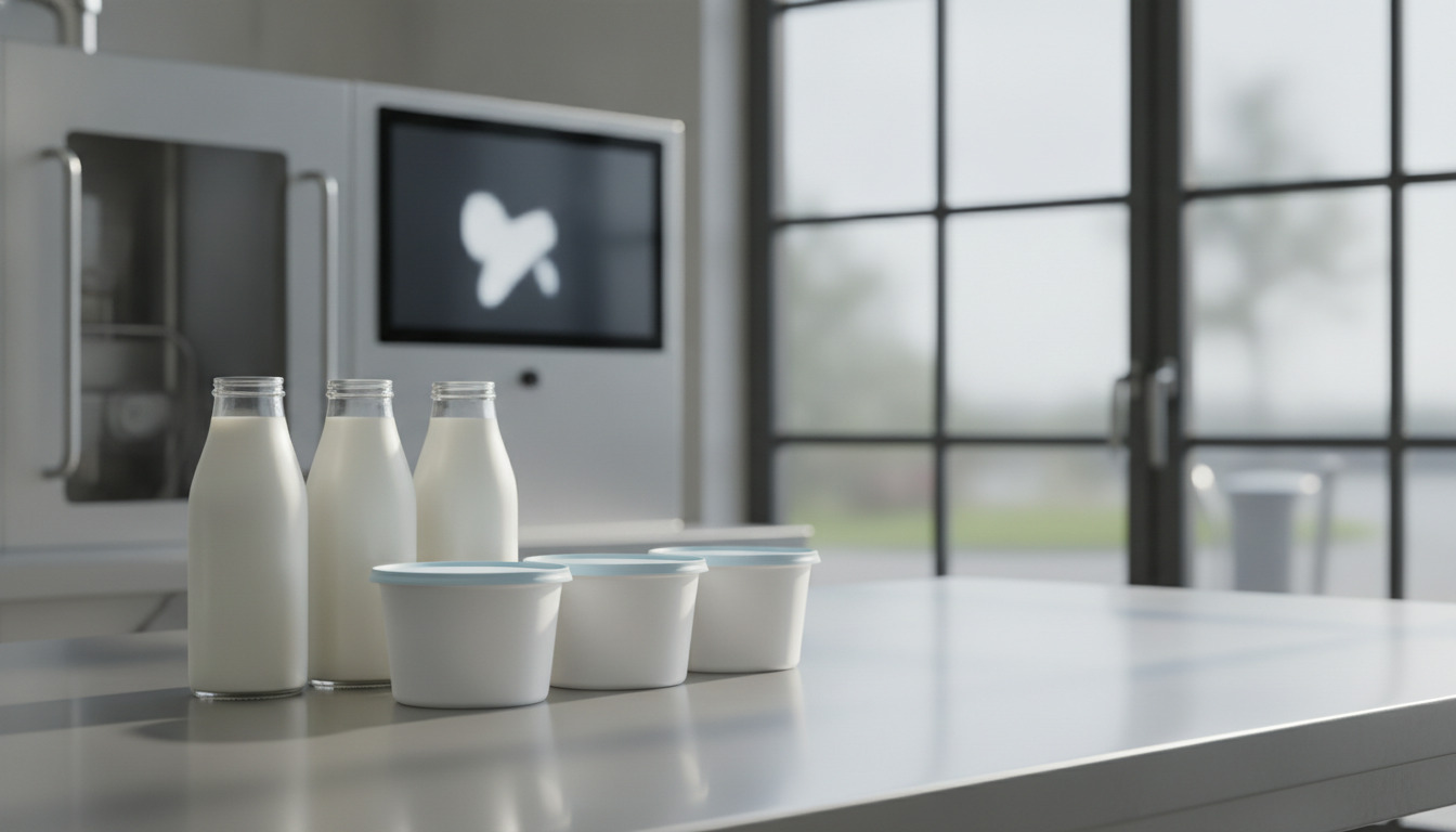 Friske mejeriprodukter – mælkeflasker og yoghurtbægre – arrangeret på rustfrit stålbord med naturligt lys.