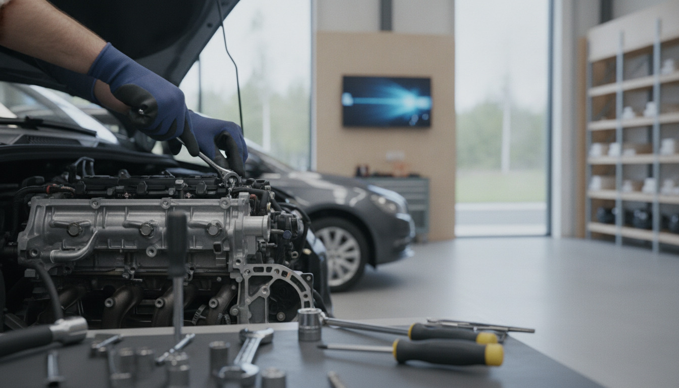 Automekanikerens hænder i blå handsker arbejder på en bilmotor med værktøj på arbejdsbænken.