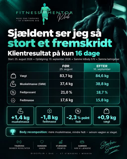 Fitnessmentor Klub viser klients fremskridt på 16 dage