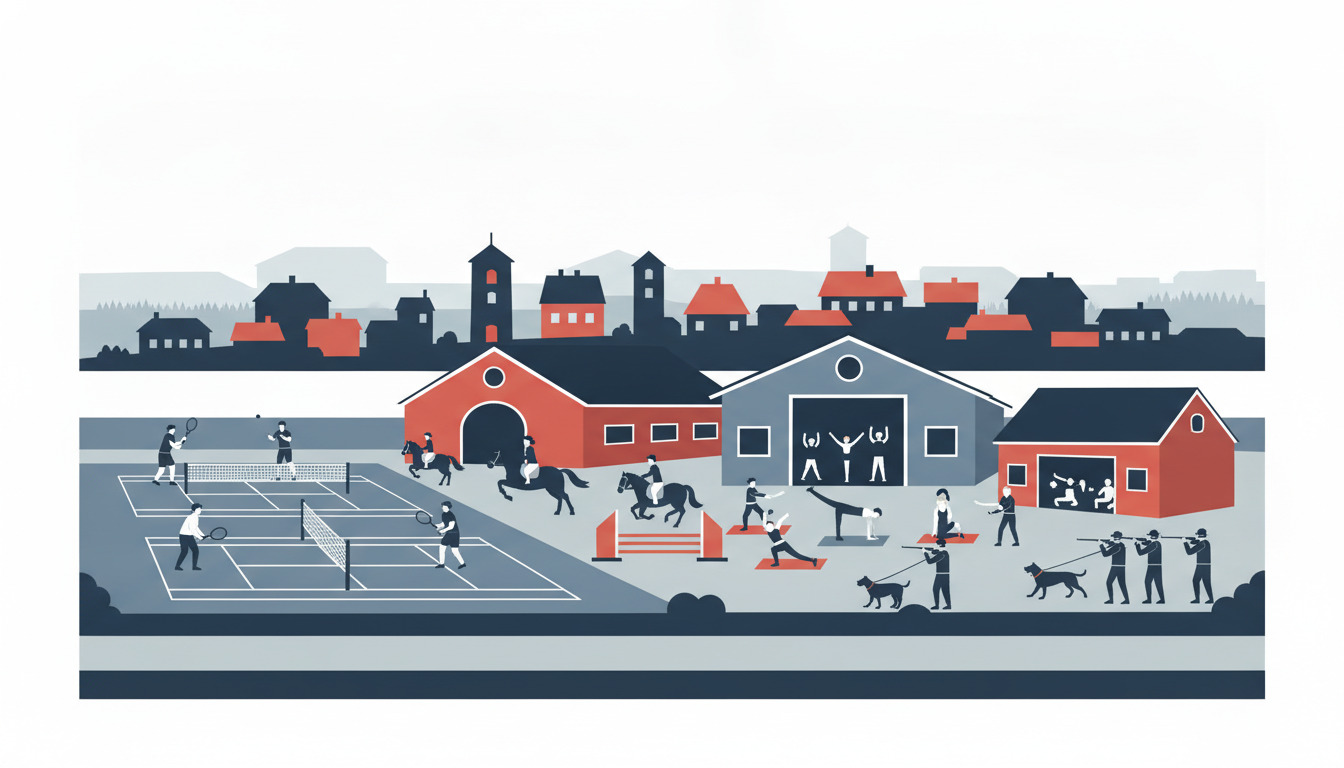 Bryrup sports- og klubscene: tennisspillere, spring til hest, gymnastikpaviljon, fitnessaktiviteter, jægere med hunde og faciliteter til samfundsbrug i en livlig flad-vektor illustration.