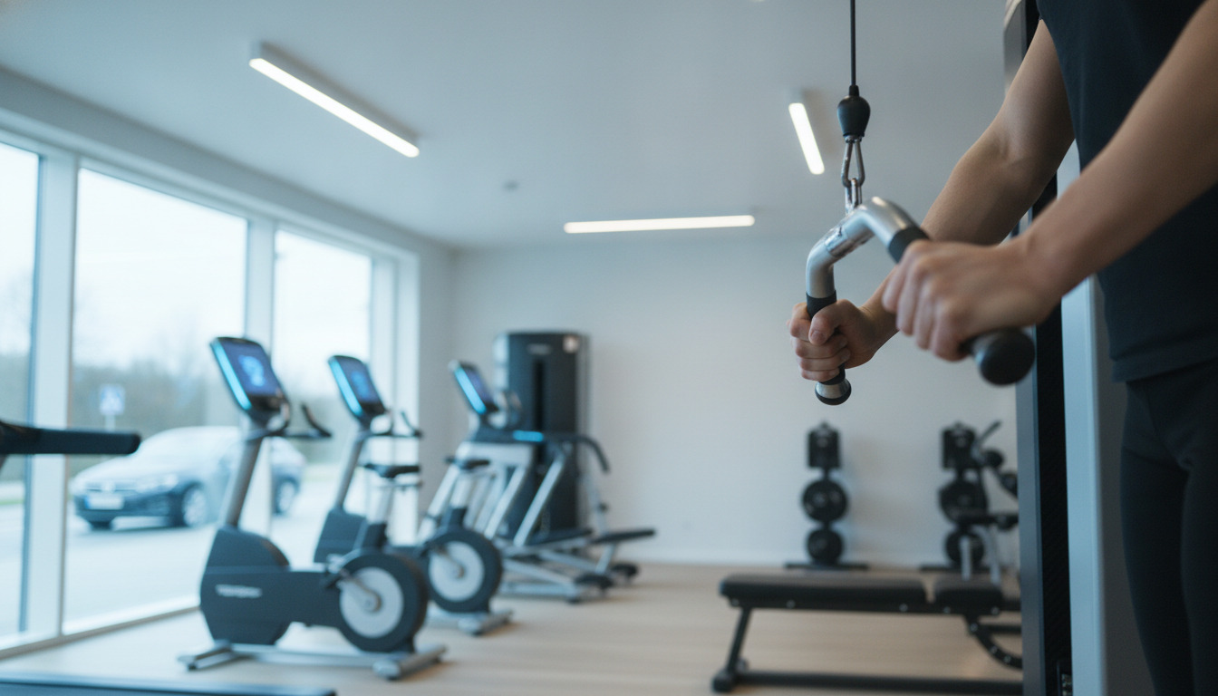 Nærbillede af hænder, der griber et fitnessudstyrs håndtag i et moderne træningsrum med udtømmet baggrund.