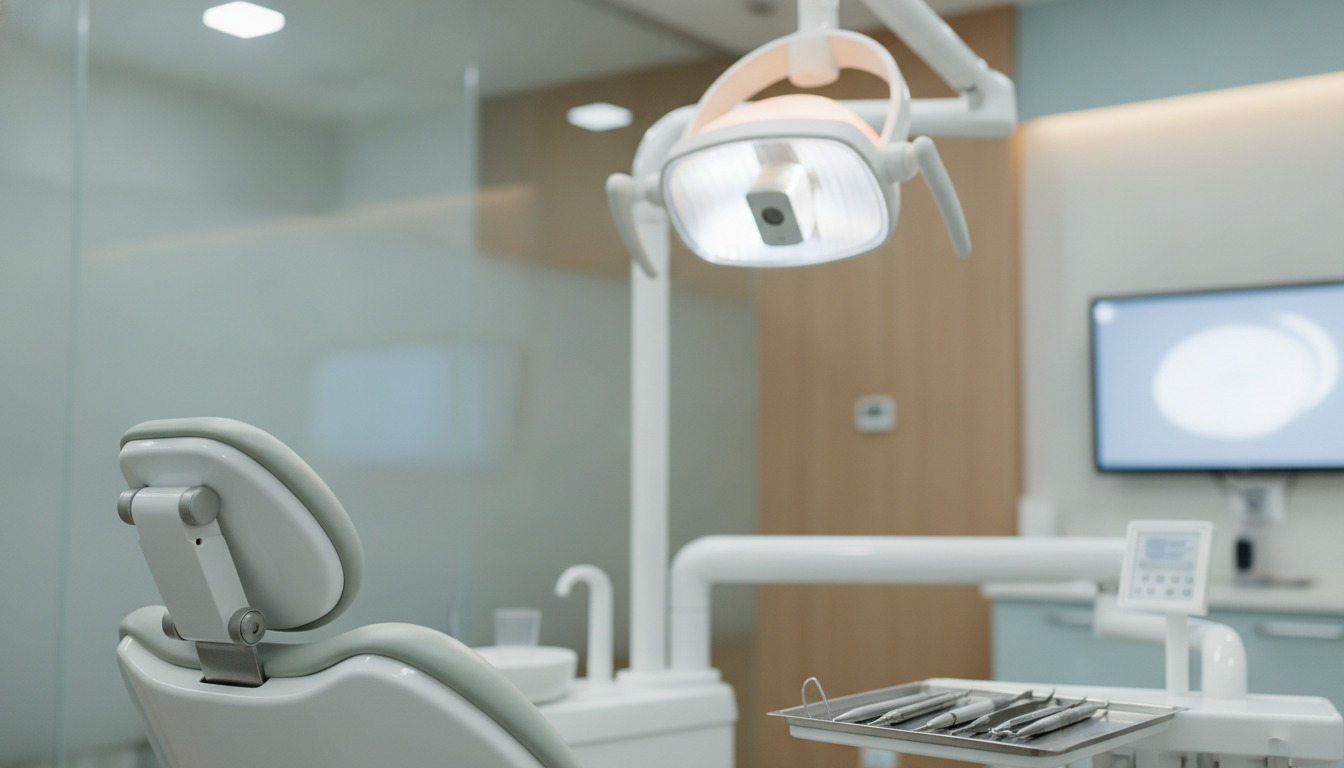 Tæt billede af tandlægerstol med hovedstøtte og overhead behandlingslys i moderne klinik.